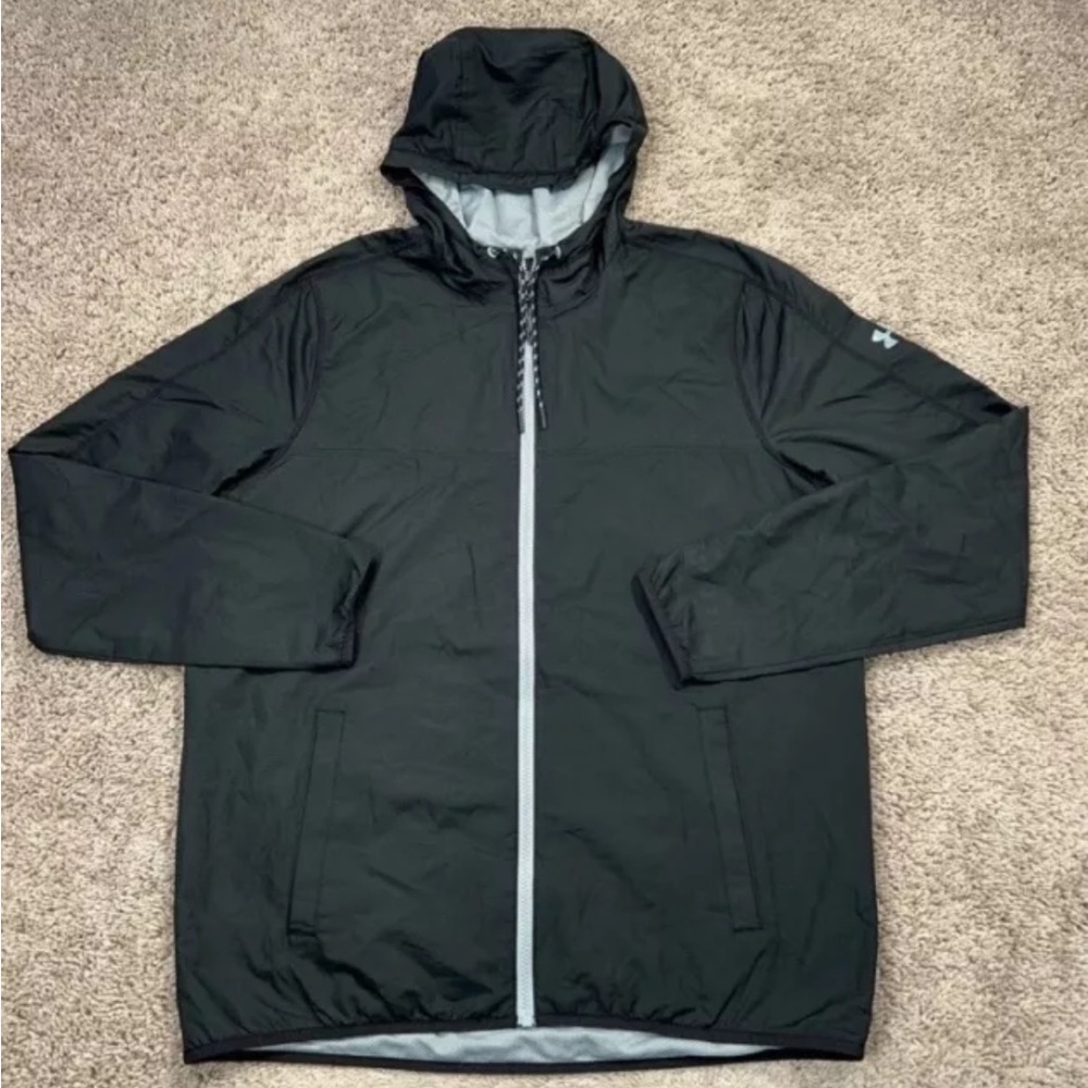Under Armour Jacket Mens Medium Loose Black All Season Gear Hooded Windbreaker